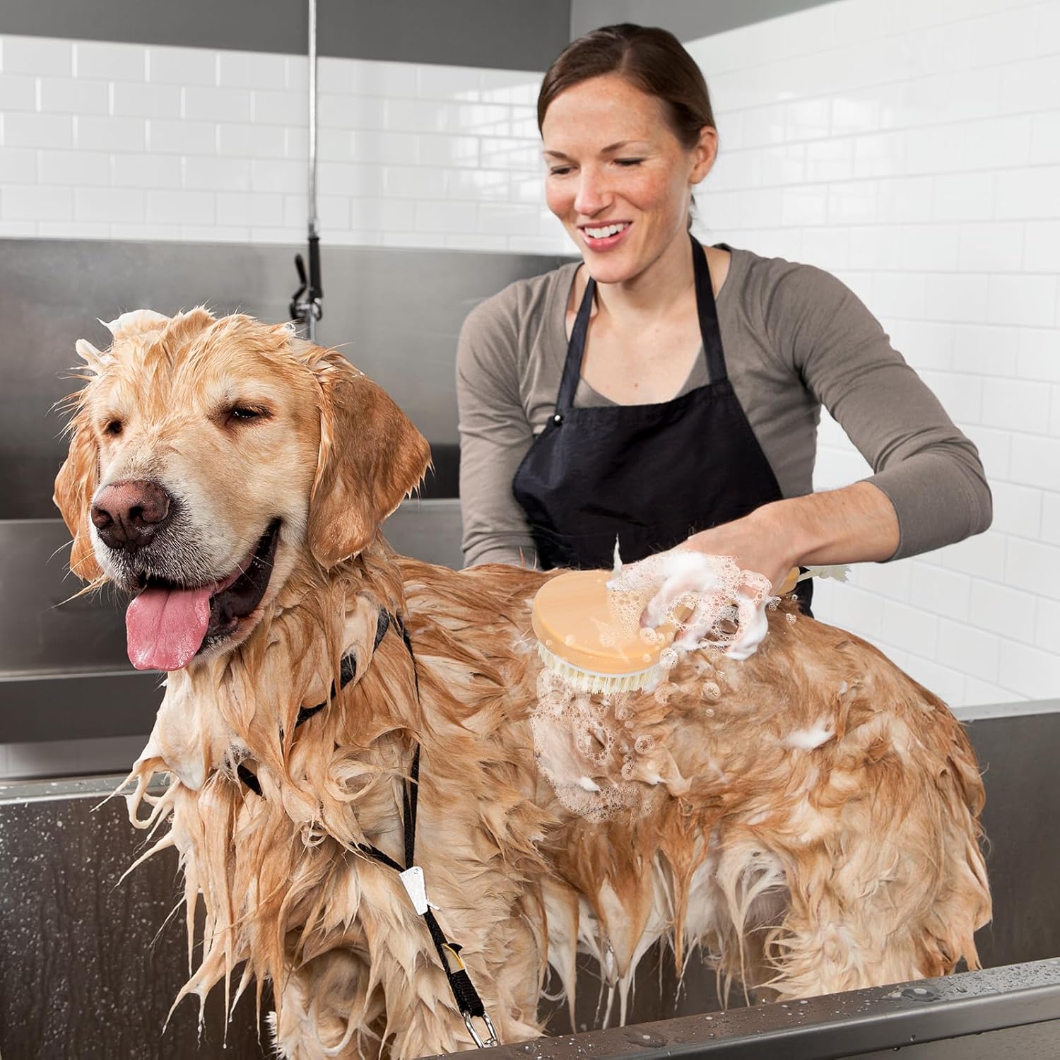 KFX-2340541 Pet Grooming Shower Brush with Wooden Handle and Natural Bristles for Dogs and Cats