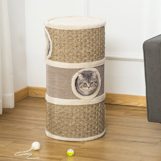 KFX-2341693 Three-Level Cat Condo with Plush Cover and Sisal Scratching Pads, 28 Inch Cat Tower