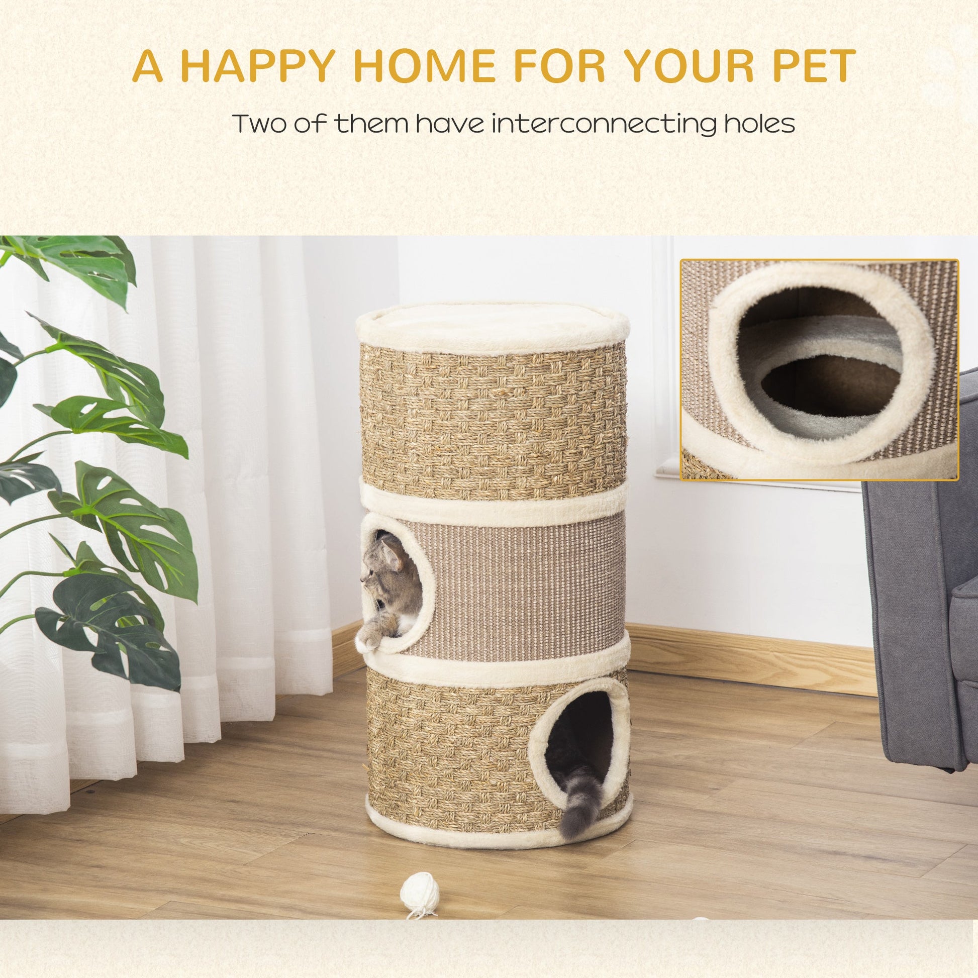 KFX-2341693 Three-Level Cat Condo with Plush Cover and Sisal Scratching Pads, 28 Inch Cat Tower