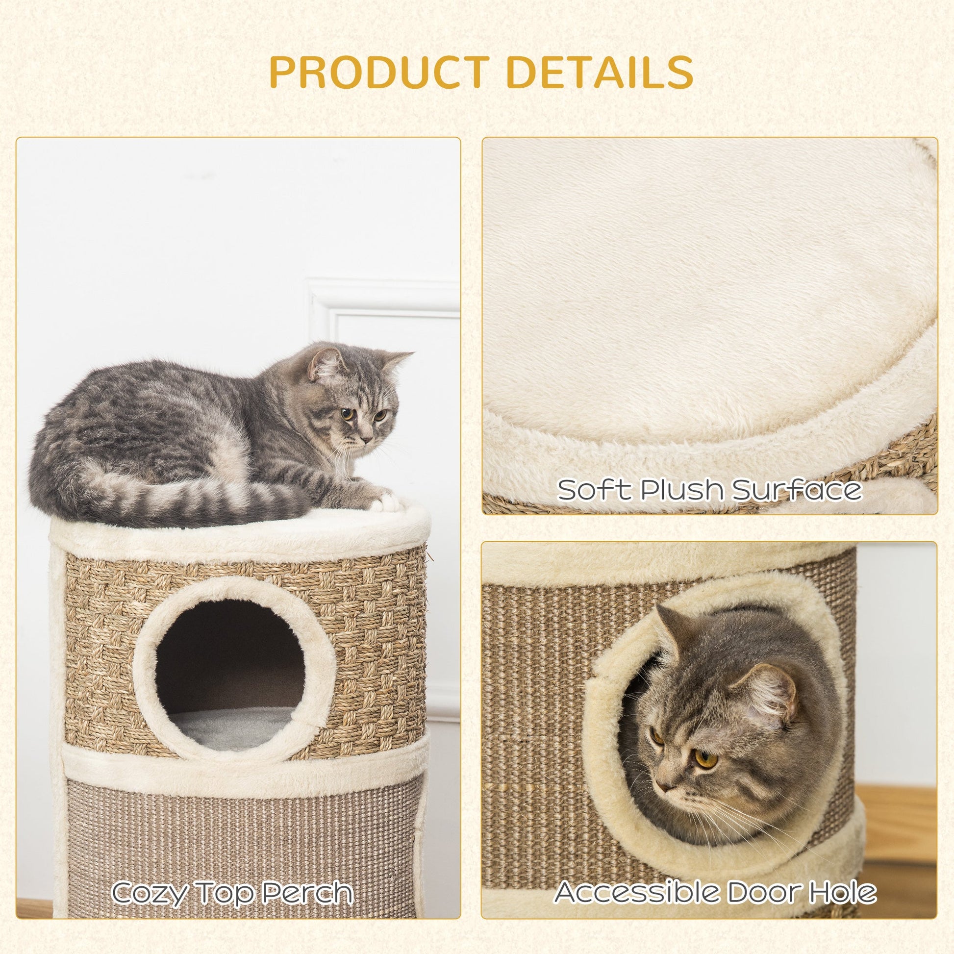 KFX-2341693 Three-Level Cat Condo with Plush Cover and Sisal Scratching Pads, 28 Inch Cat Tower