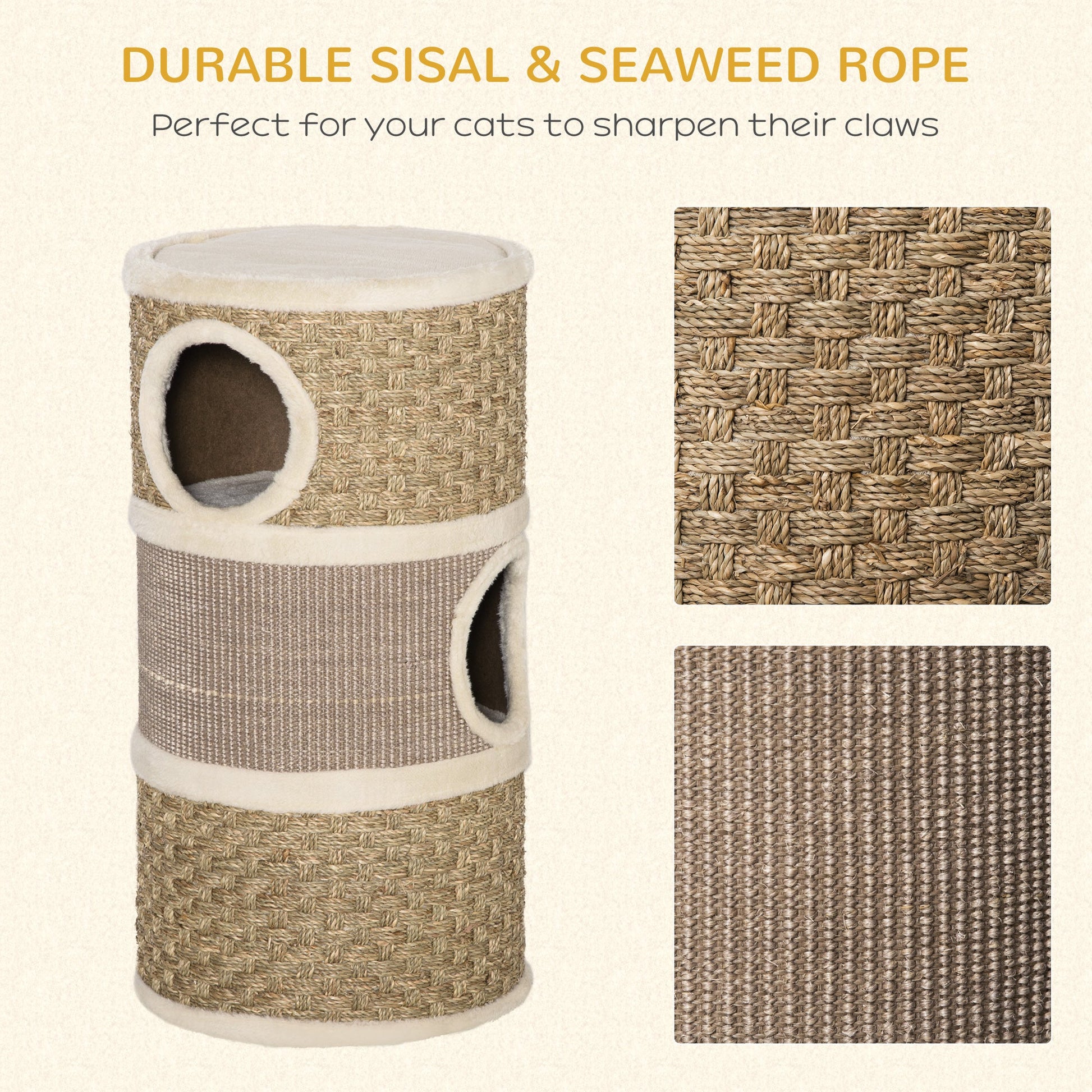 KFX-2341693 Three-Level Cat Condo with Plush Cover and Sisal Scratching Pads, 28 Inch Cat Tower
