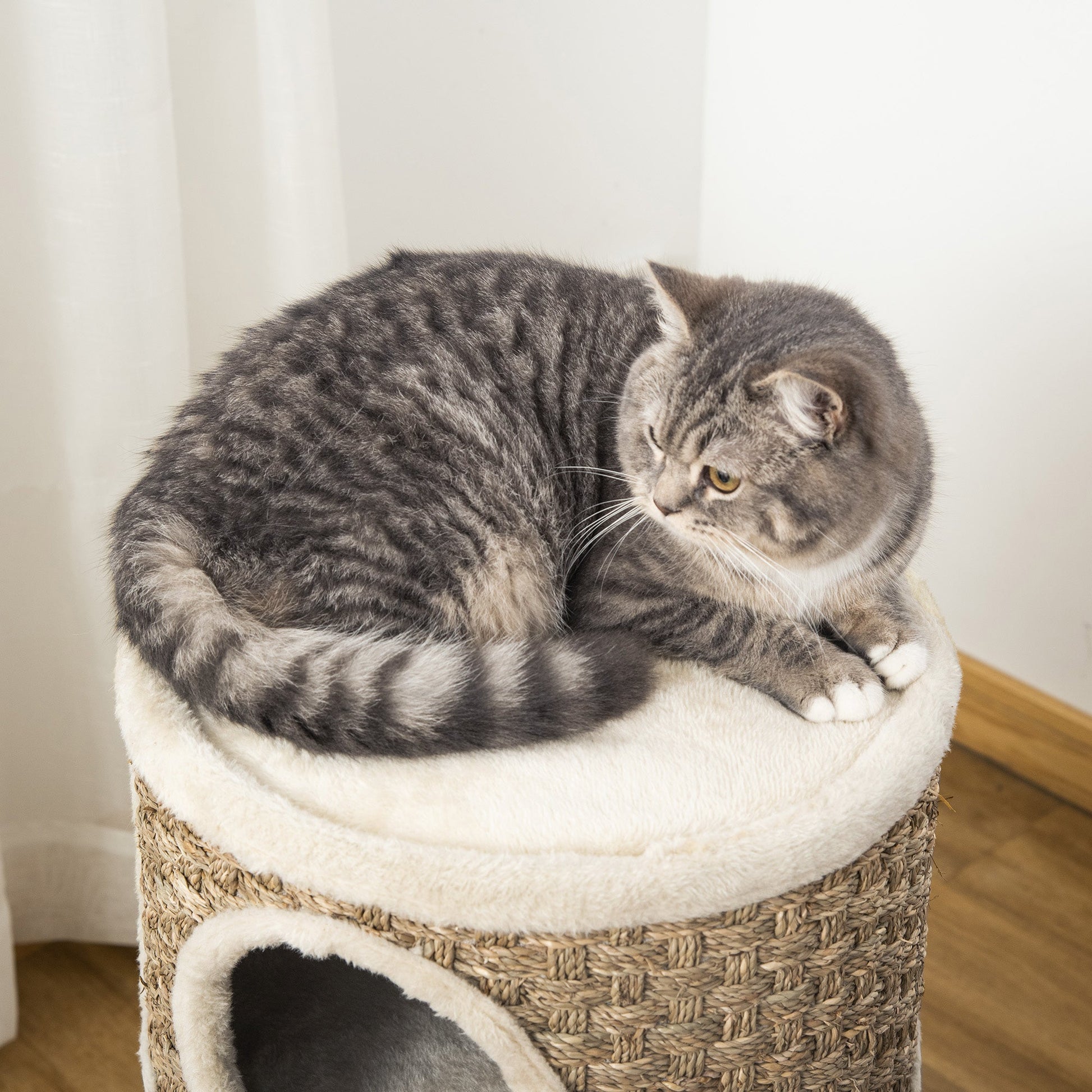 KFX-2341693 Three-Level Cat Condo with Plush Cover and Sisal Scratching Pads, 28 Inch Cat Tower