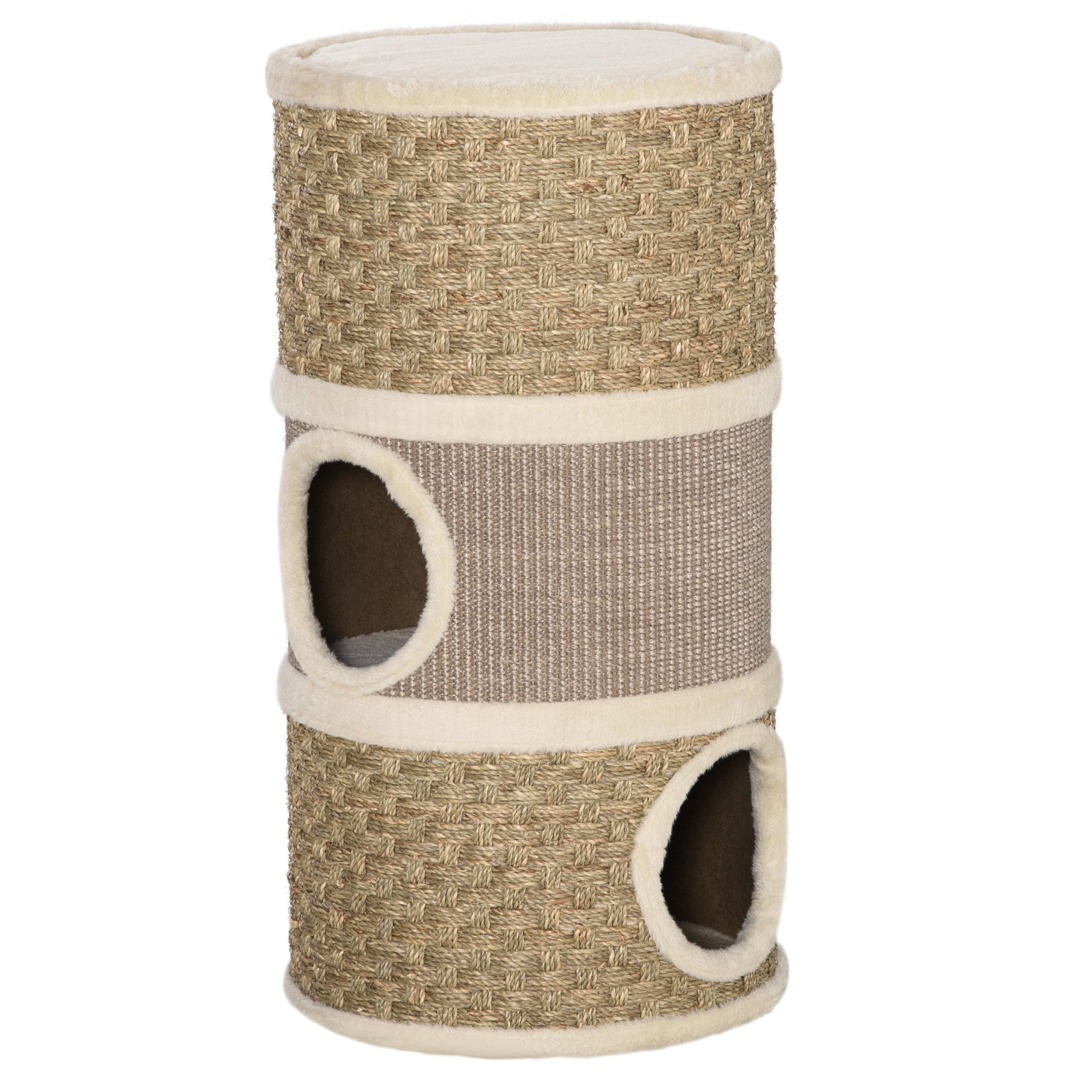 KFX-2341693 Three-Level Cat Condo with Plush Cover and Sisal Scratching Pads, 28 Inch Cat Tower