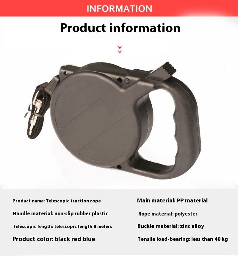 KFX-2348605 Automatic Retractable Dog Leash - 8m Nylon, Black, Durable Pet Supply