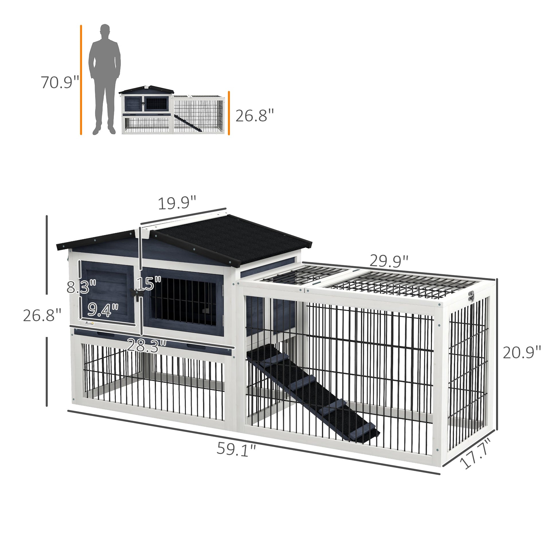 KFX-2358205 2-Level 59" Dark Gray Outdoor Rabbit Hutch with Openable Top and Secure Access Points