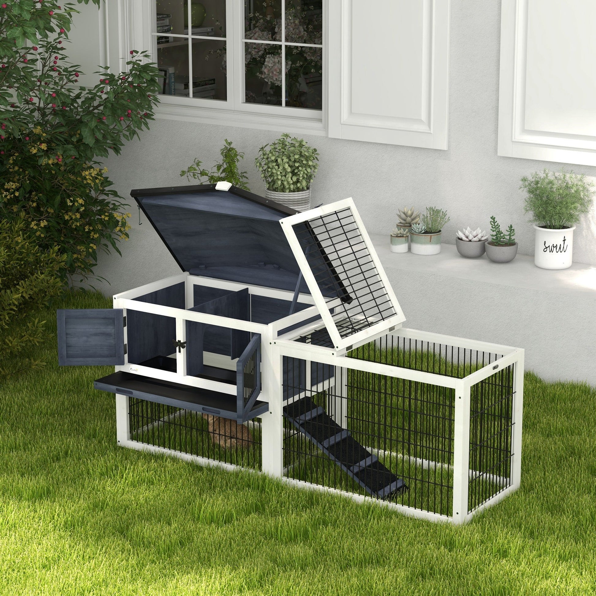 KFX-2358205 2-Level 59" Dark Gray Outdoor Rabbit Hutch with Openable Top and Secure Access Points