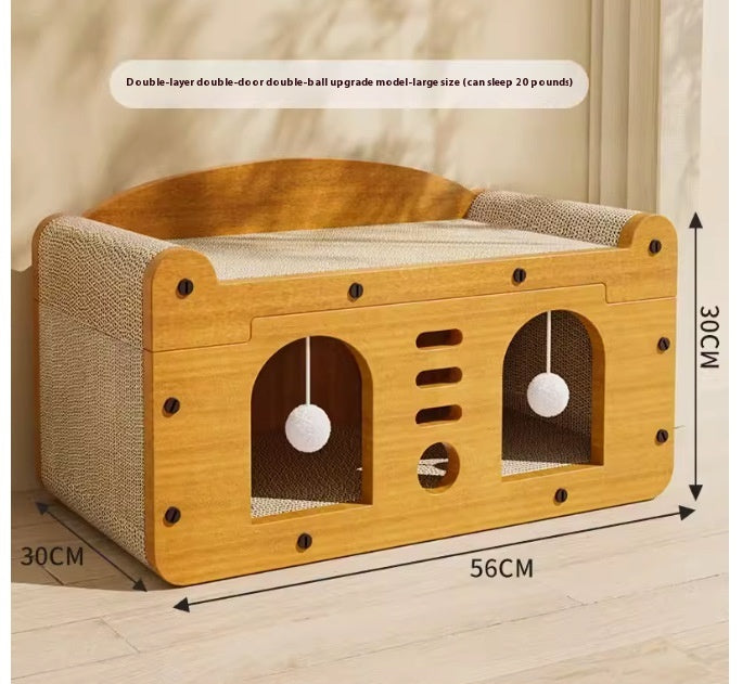 KFX-2358589 Luxury Double Layer Corrugated Paper Cat House with Double Ball and Double Door