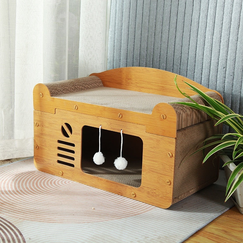 KFX-2358589 Luxury Double Layer Corrugated Paper Cat House with Double Ball and Double Door