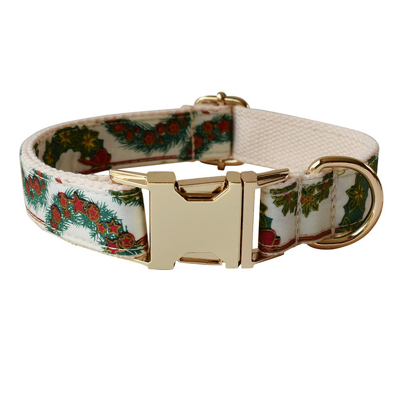KFX-2362301 Christmas Wreath Casual Cotton Dog Collar with Bow Knot and Leash Set