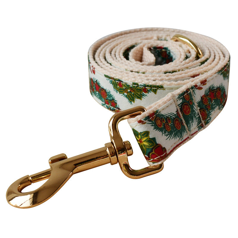 KFX-2362301 Christmas Wreath Casual Cotton Dog Collar with Bow Knot and Leash Set