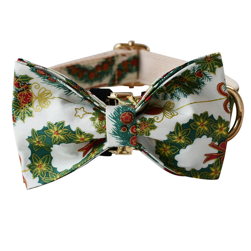 KFX-2362301 Christmas Wreath Casual Cotton Dog Collar with Bow Knot and Leash Set