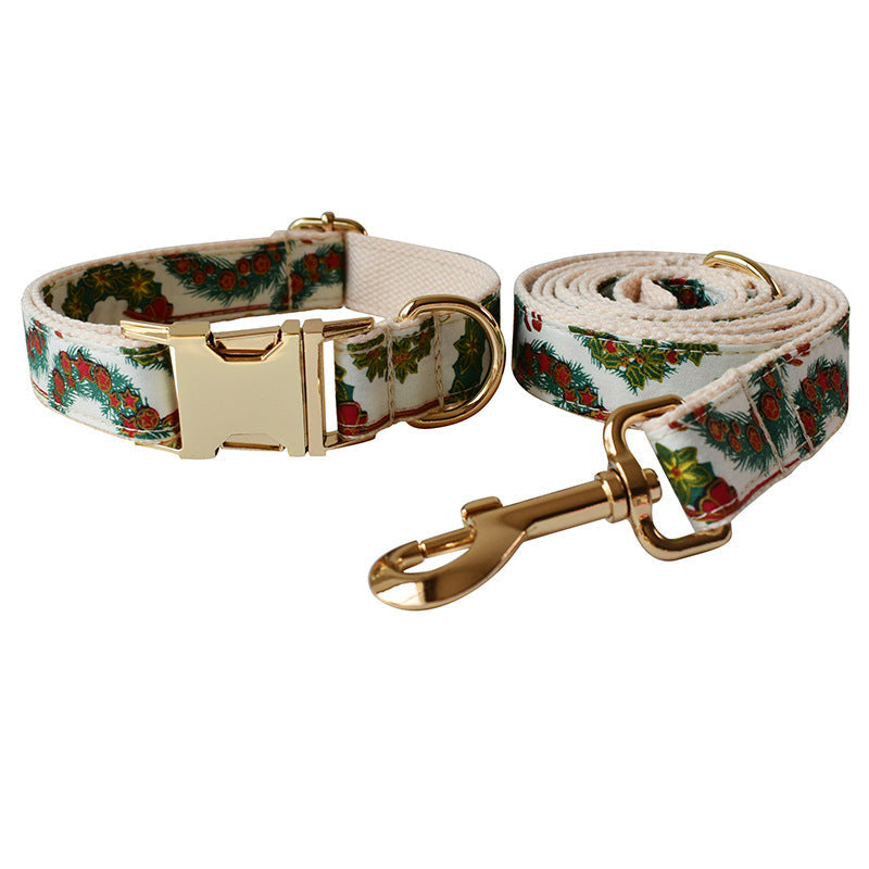 KFX-2362301 Christmas Wreath Casual Cotton Dog Collar with Bow Knot and Leash Set