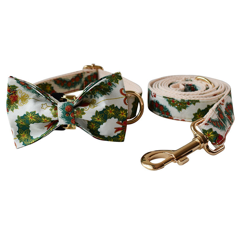 KFX-2362301 Christmas Wreath Casual Cotton Dog Collar with Bow Knot and Leash Set