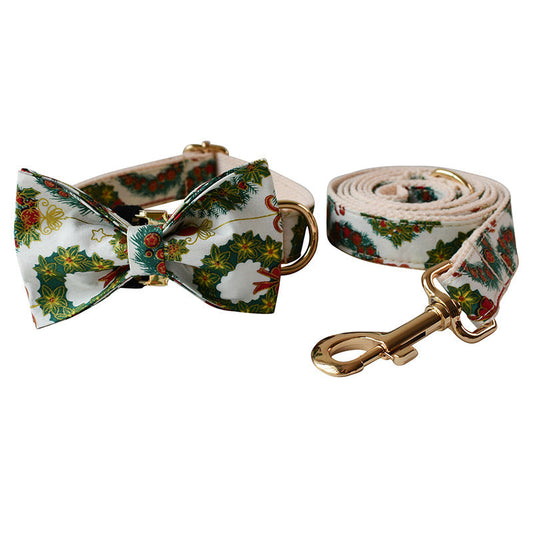 KFX-2362301 Christmas Wreath Casual Cotton Dog Collar with Bow Knot and Leash Set