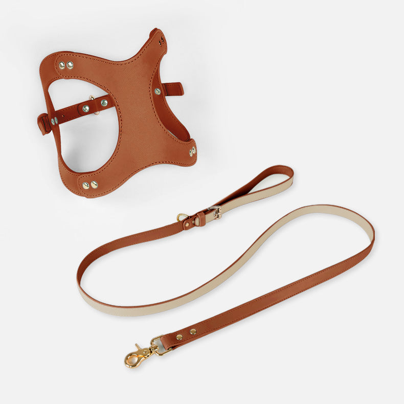 KFX-2363581 Dog and Cat Leather Vest Leash with Adjustable Chest Straps and Traction Rope