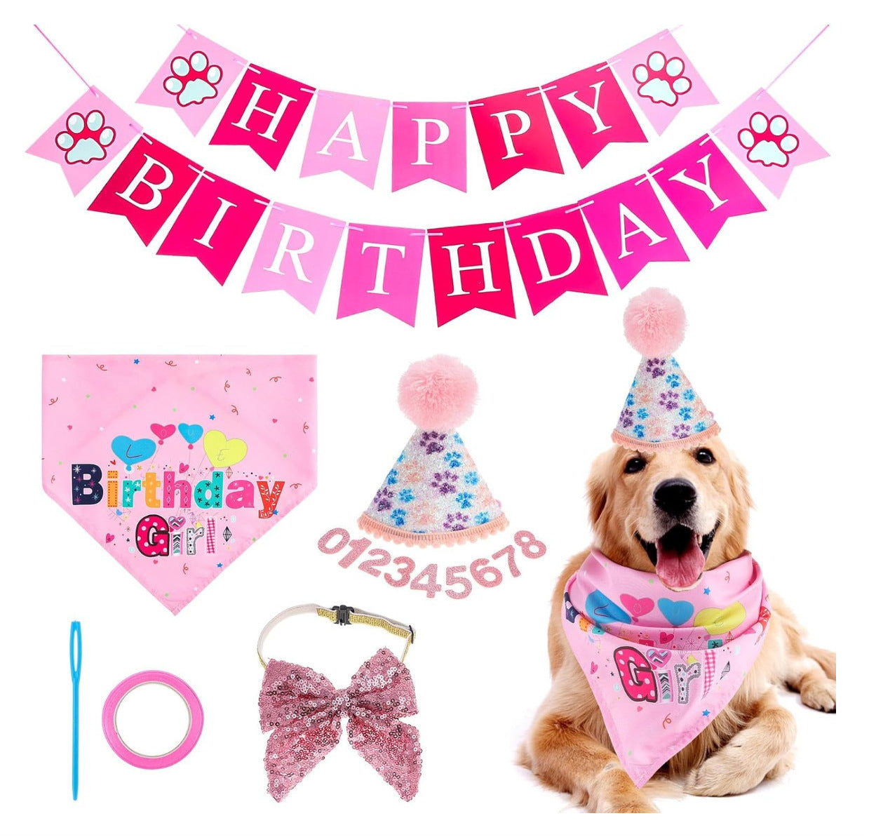 KFX-2367549 Dog Birthday Party Supplies - Fun Birthday Hat with Numbers and Bandana for Puppies