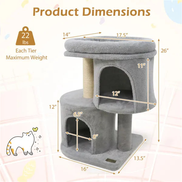 KFX-2369725 Compact 26" Cat Tree with 2 Condos and Sisal Scratching Posts for Small Spaces