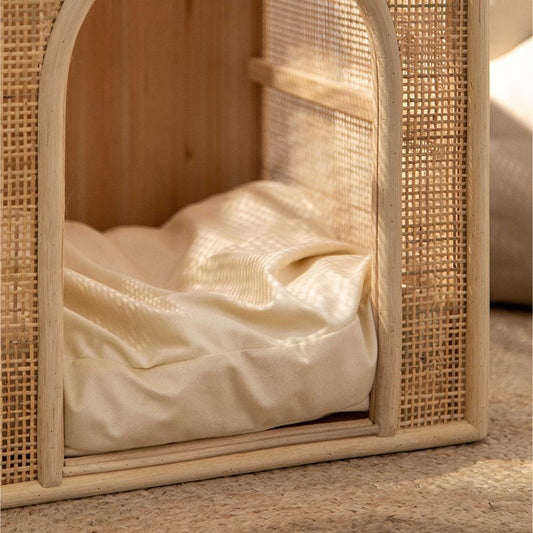 KFX-2375869 Woven Rattan Cat Bed for Comfortable Summer Ventilation - All-Season Pet Nest
