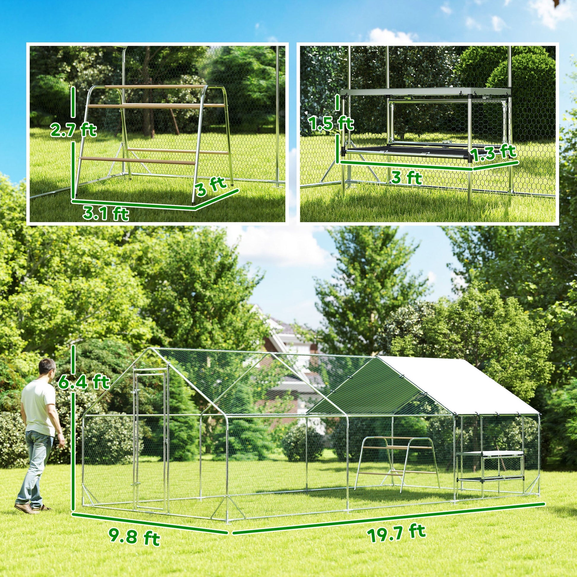 KFX-2379453 Large Metal Chicken Coop with Waterproof Cover, Roosting Bar, Nesting Box, 194 sq.ft. for 18-24 Chickens