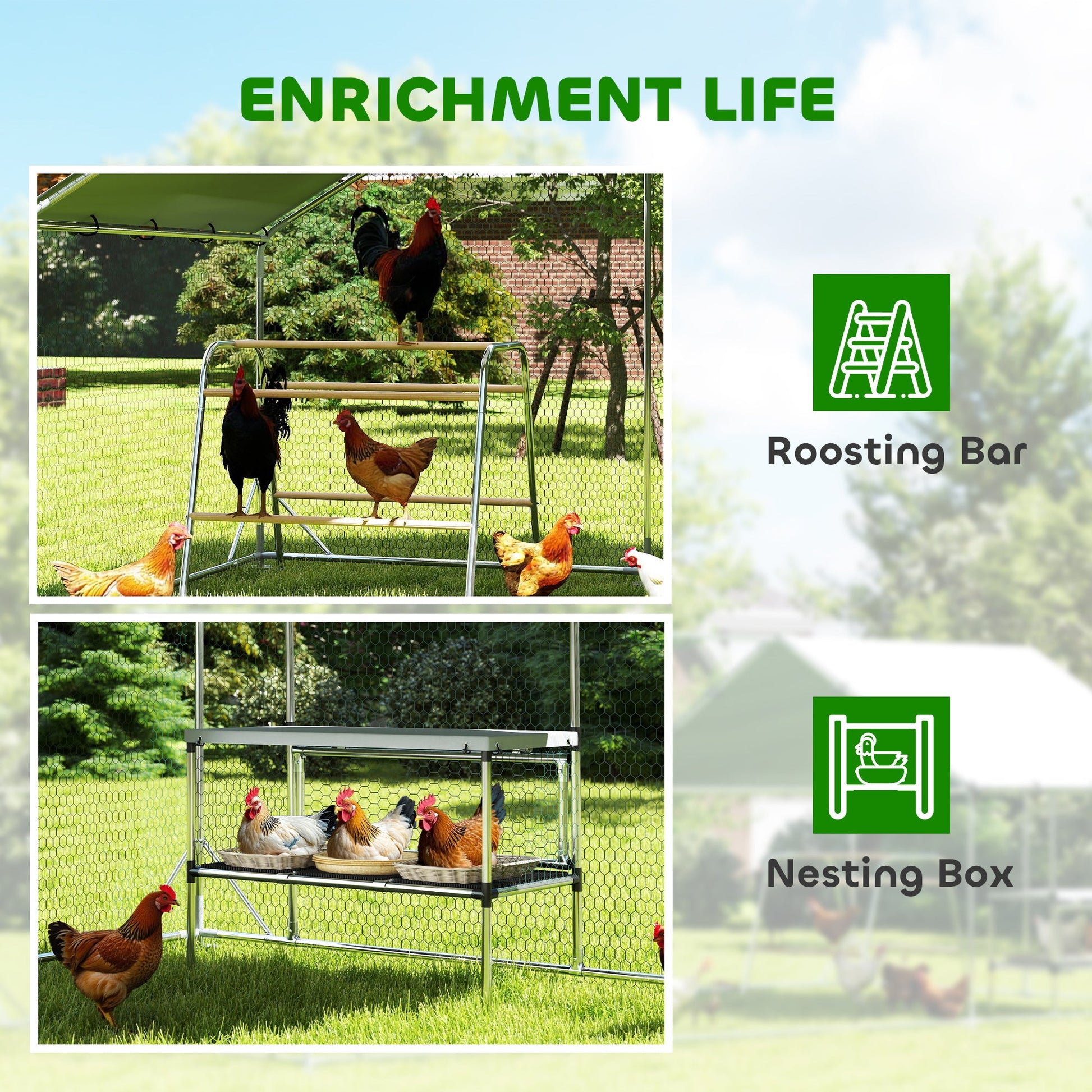 KFX-2379453 Large Metal Chicken Coop with Waterproof Cover, Roosting Bar, Nesting Box, 194 sq.ft. for 18-24 Chickens