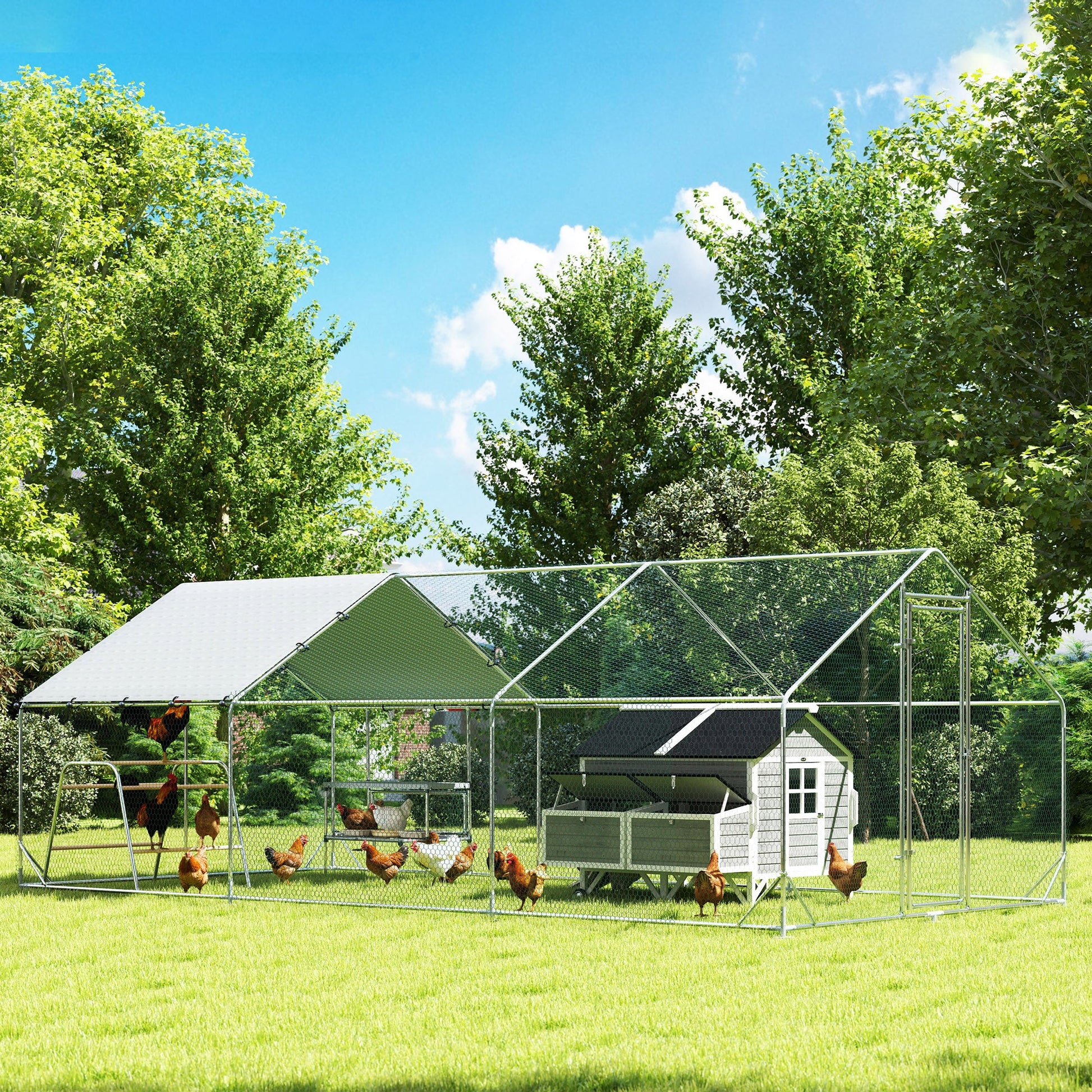 KFX-2379453 Large Metal Chicken Coop with Waterproof Cover, Roosting Bar, Nesting Box, 194 sq.ft. for 18-24 Chickens