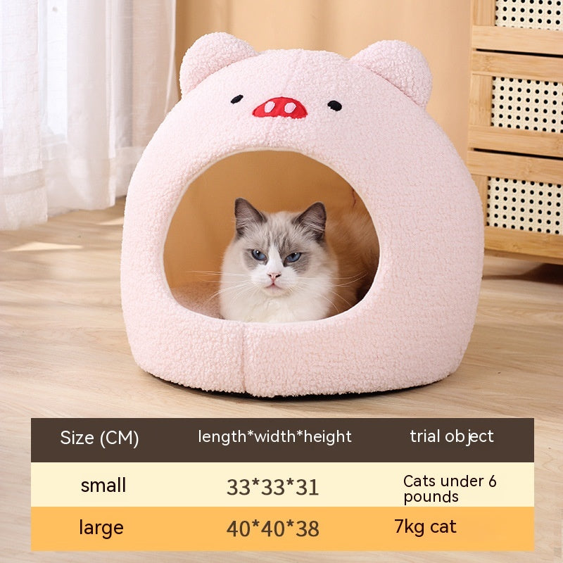 KFX-2379837 Cozy Teddy Plush Semi-closed Cat Nest in White with Brown Ears