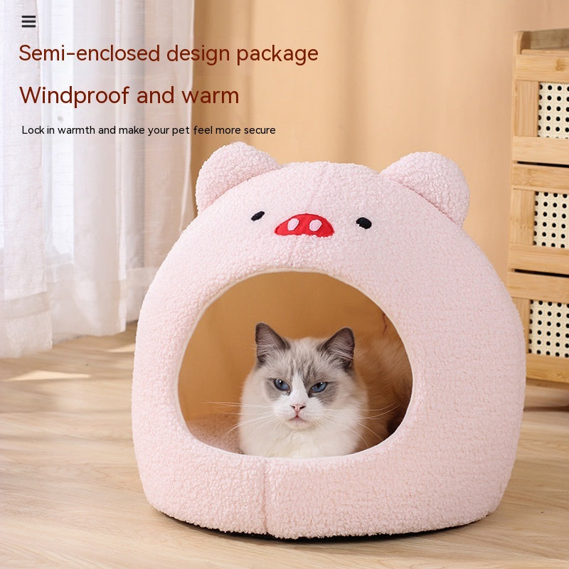 KFX-2379837 Cozy Teddy Plush Semi-closed Cat Nest in White with Brown Ears