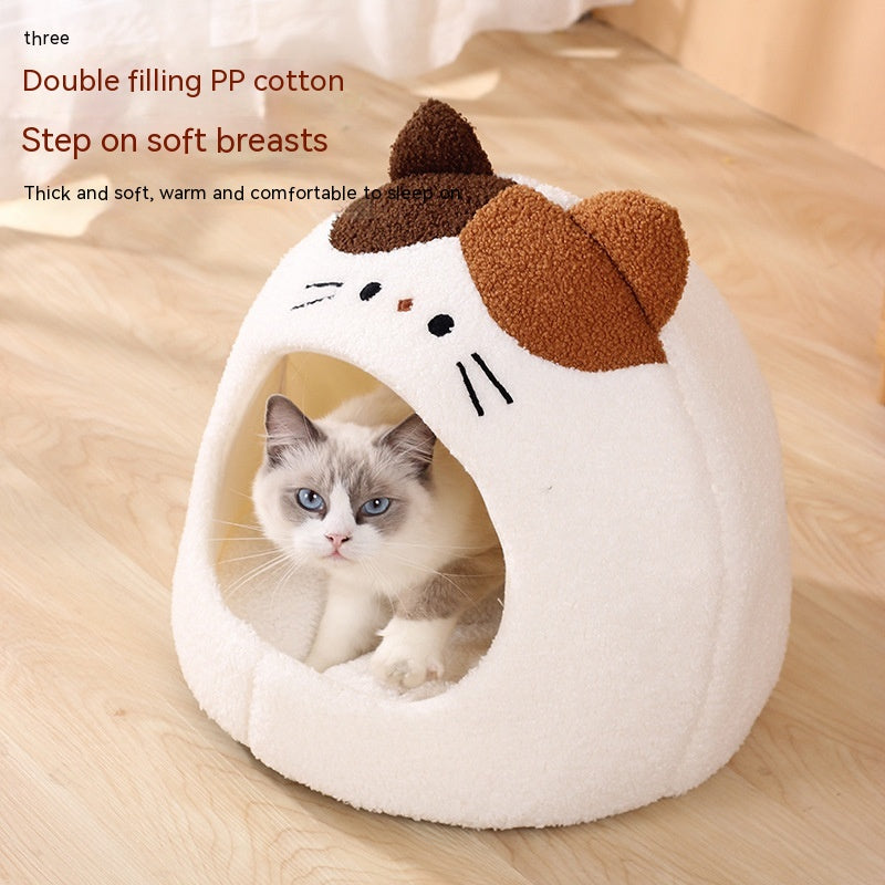 KFX-2379837 Cozy Teddy Plush Semi-closed Cat Nest in White with Brown Ears