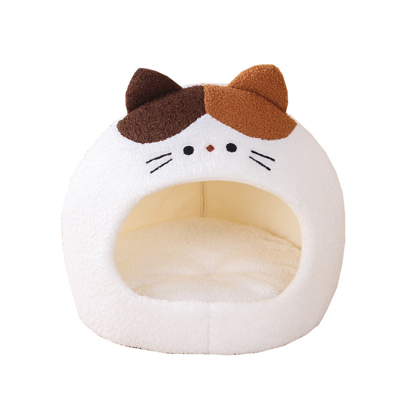 KFX-2379837 Cozy Teddy Plush Semi-closed Cat Nest in White with Brown Ears