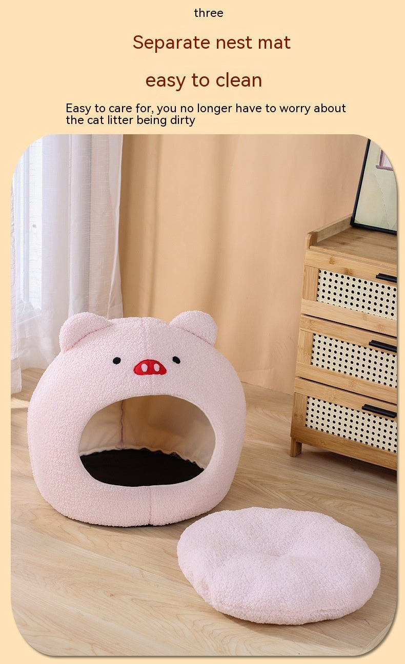 KFX-2379837 Cozy Teddy Plush Semi-closed Cat Nest in White with Brown Ears