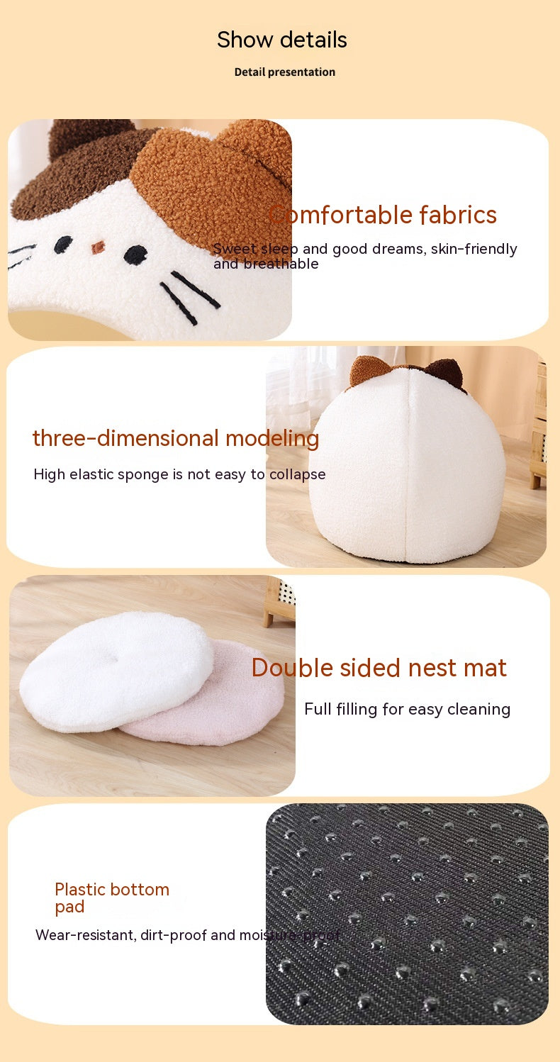 KFX-2379837 Cozy Teddy Plush Semi-closed Cat Nest in White with Brown Ears