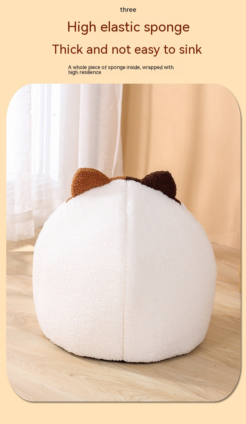 KFX-2379837 Cozy Teddy Plush Semi-closed Cat Nest in White with Brown Ears