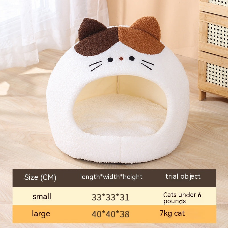 KFX-2379837 Cozy Teddy Plush Semi-closed Cat Nest in White with Brown Ears