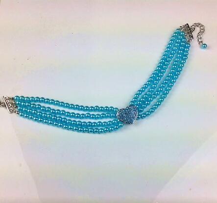 KFX-2383549 Heart-Shaped Pearl & Rhinestone Pet Collar in White, Pink, and Lake Blue