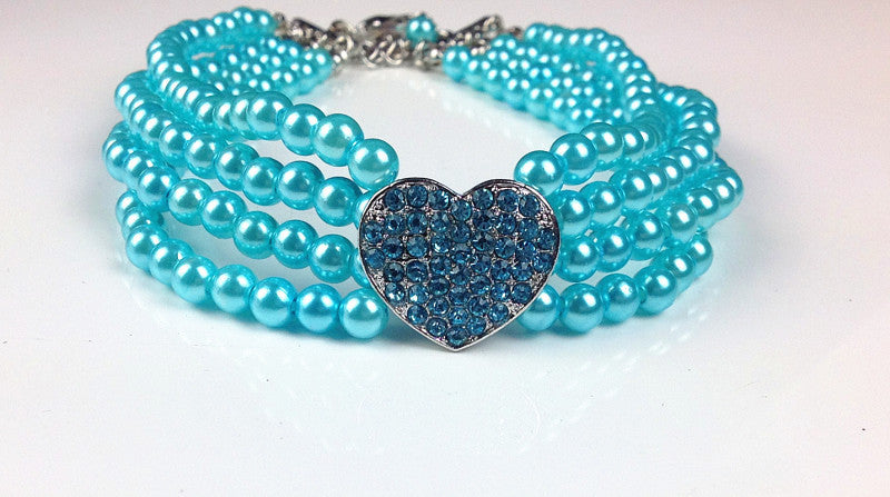 KFX-2383549 Heart-Shaped Pearl & Rhinestone Pet Collar in White, Pink, and Lake Blue