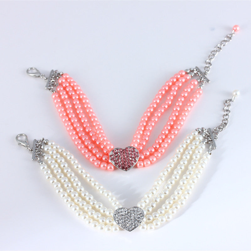 KFX-2383549 Heart-Shaped Pearl & Rhinestone Pet Collar in White, Pink, and Lake Blue