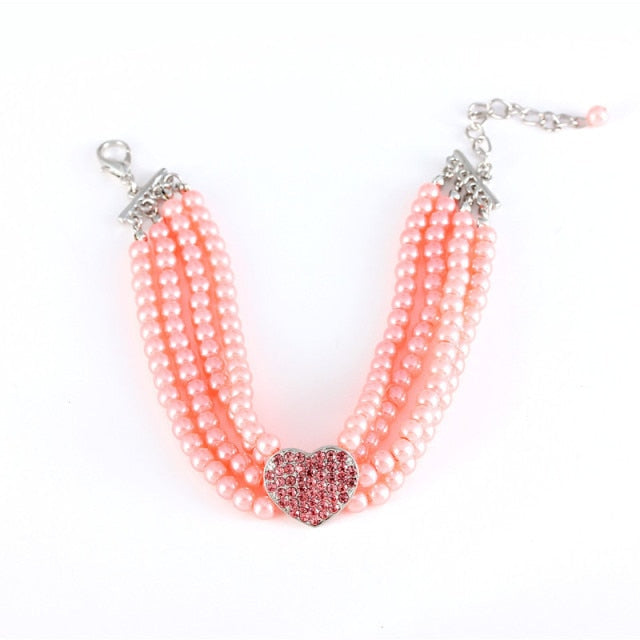 KFX-2383549 Heart-Shaped Pearl & Rhinestone Pet Collar in White, Pink, and Lake Blue