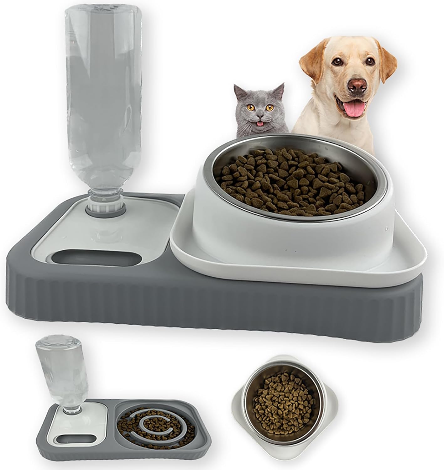 KFX-2388797 Elevated Double Pet Food and Water Bowl Set with Automatic Gravity Water Dispenser and Slow Feeder Design