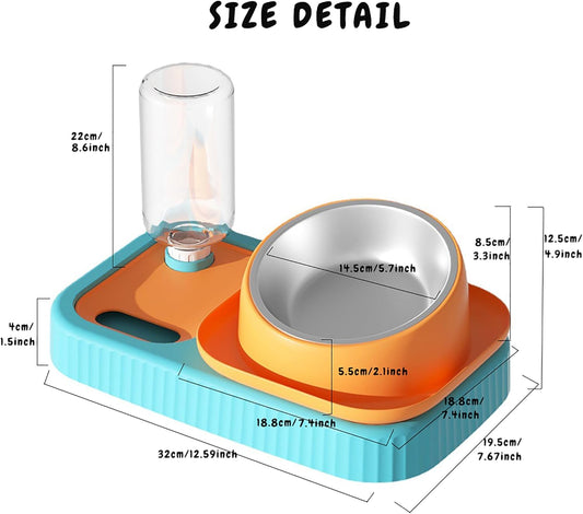 KFX-2388797 Elevated Double Pet Food and Water Bowl Set with Automatic Gravity Water Dispenser and Slow Feeder Design