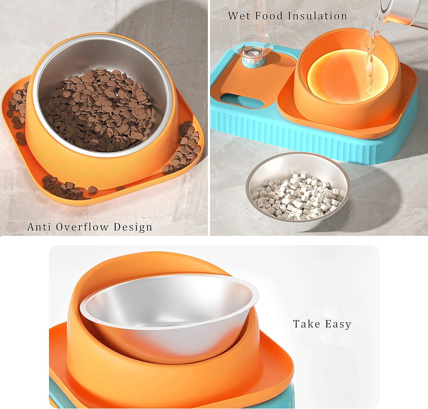 KFX-2388797 Elevated Double Pet Food and Water Bowl Set with Automatic Gravity Water Dispenser and Slow Feeder Design