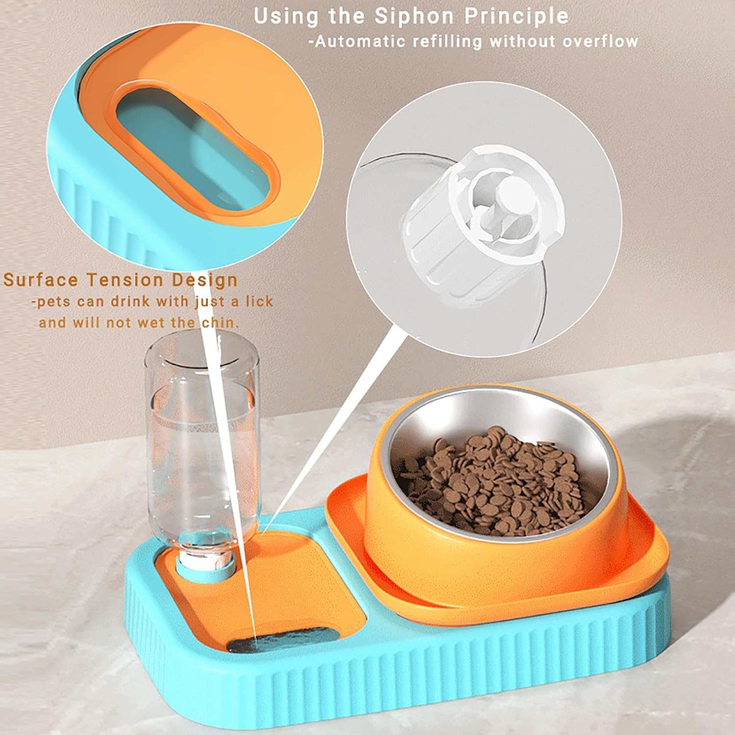 KFX-2388797 Elevated Double Pet Food and Water Bowl Set with Automatic Gravity Water Dispenser and Slow Feeder Design