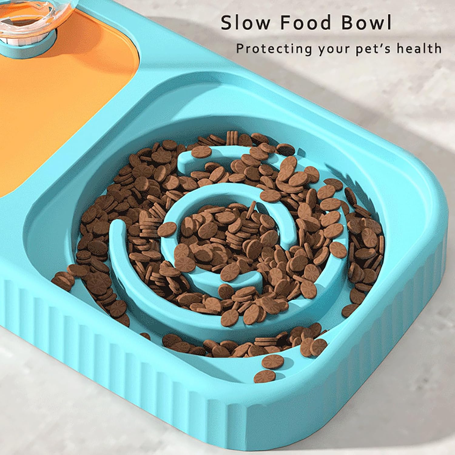 KFX-2388797 Elevated Double Pet Food and Water Bowl Set with Automatic Gravity Water Dispenser and Slow Feeder Design
