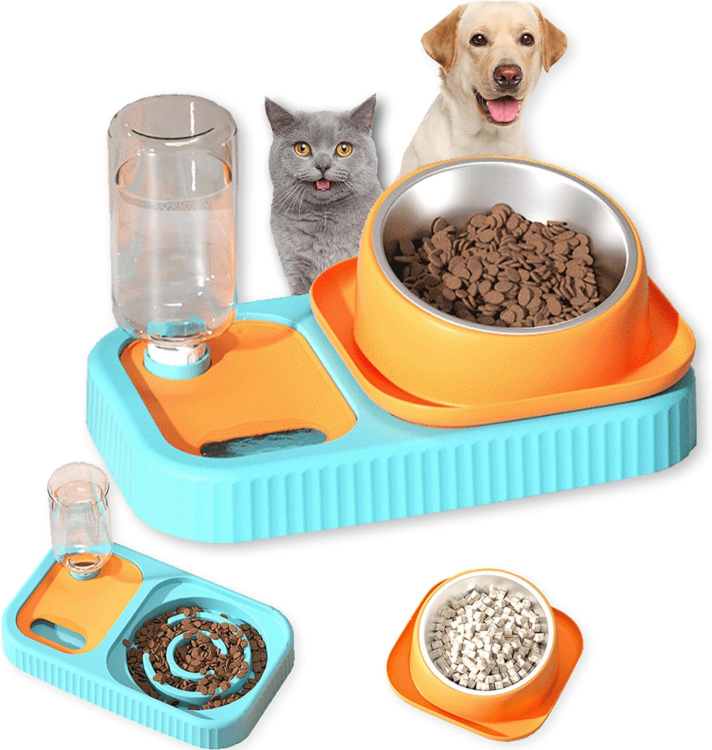 KFX-2388797 Elevated Double Pet Food and Water Bowl Set with Automatic Gravity Water Dispenser and Slow Feeder Design