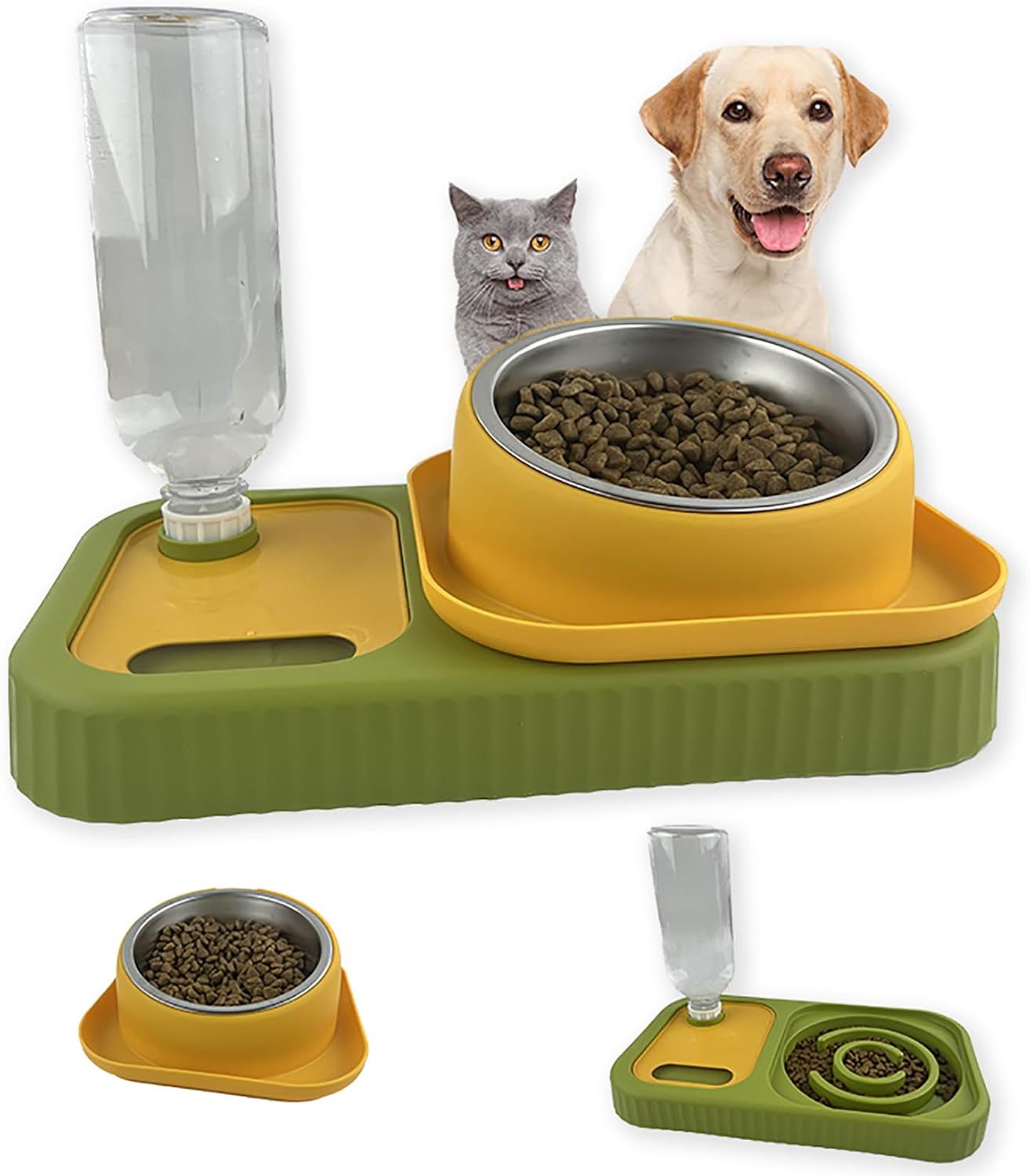 KFX-2388797 Elevated Double Pet Food and Water Bowl Set with Automatic Gravity Water Dispenser and Slow Feeder Design
