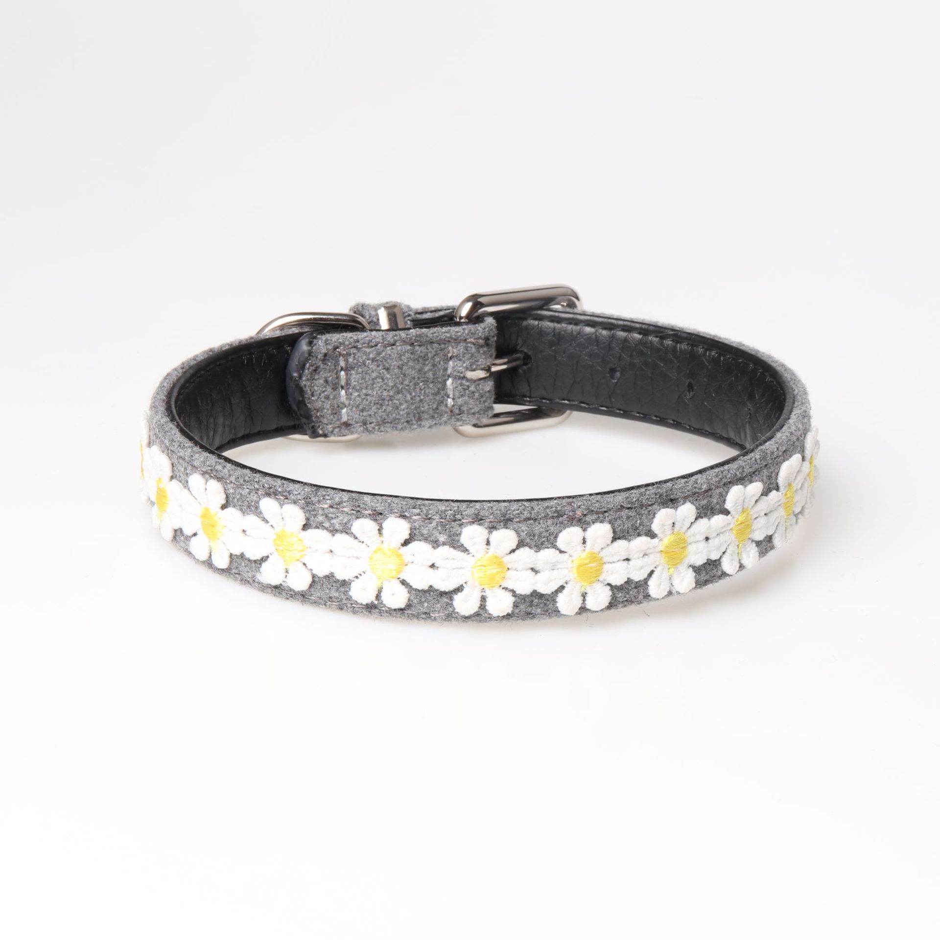 KFX-2389309 Embroidered PU Dog Collar with Adjustable Pet Chain Ring for Stylish Pet Wear