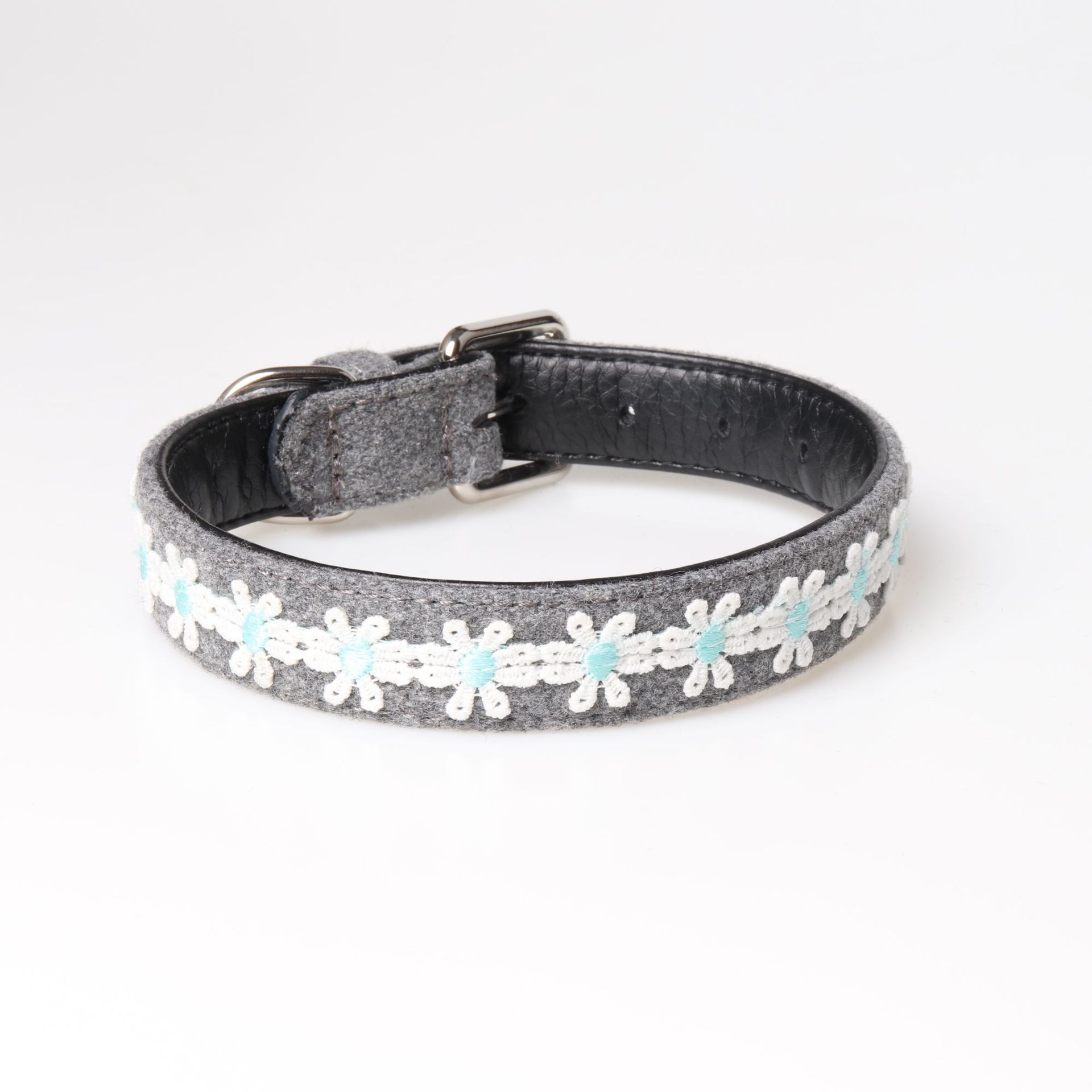 KFX-2389309 Embroidered PU Dog Collar with Adjustable Pet Chain Ring for Stylish Pet Wear