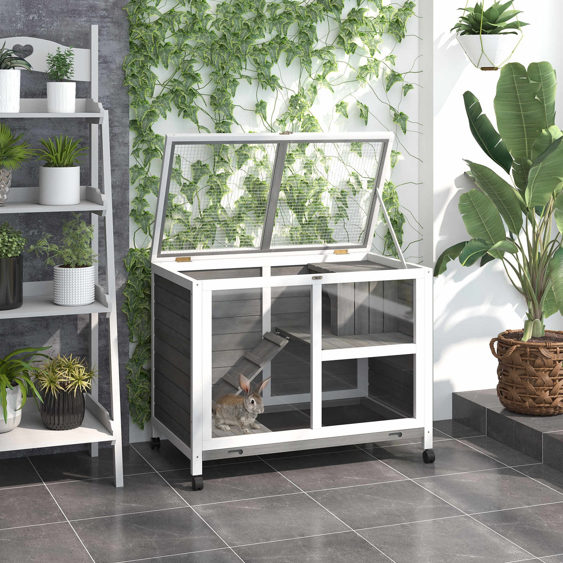 KFX-2390973 Compact 2-Story Rolling Rabbit Hutch with Plexiglass Window and Safe Materials