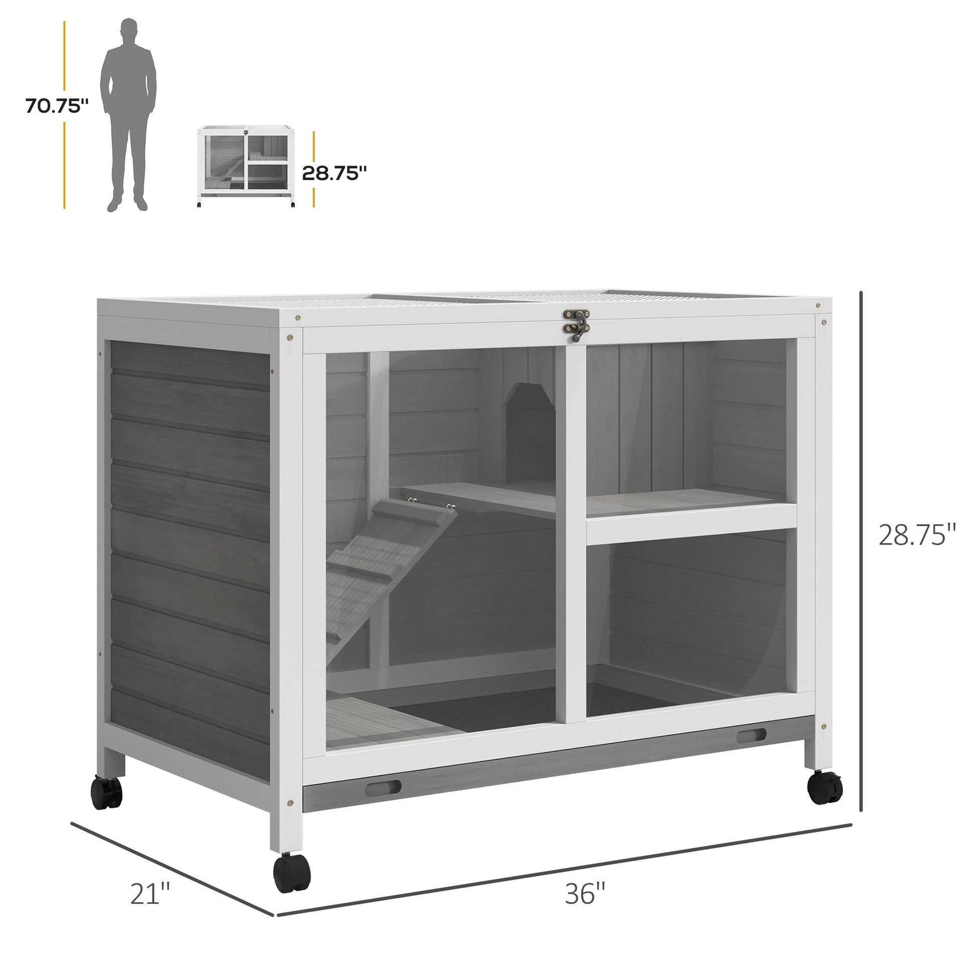 KFX-2390973 Compact 2-Story Rolling Rabbit Hutch with Plexiglass Window and Safe Materials