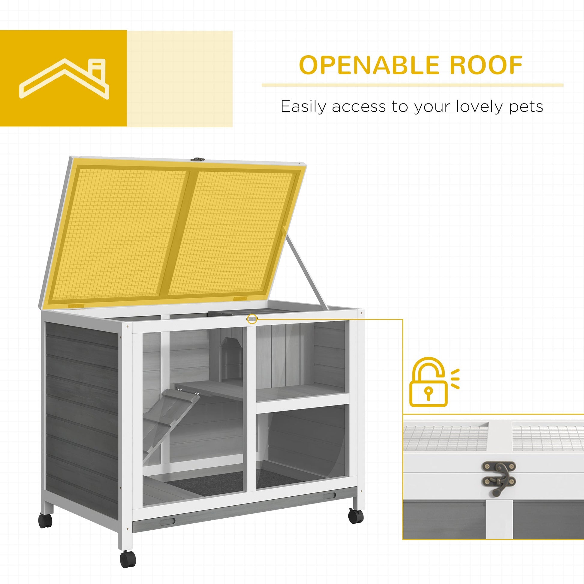 KFX-2390973 Compact 2-Story Rolling Rabbit Hutch with Plexiglass Window and Safe Materials