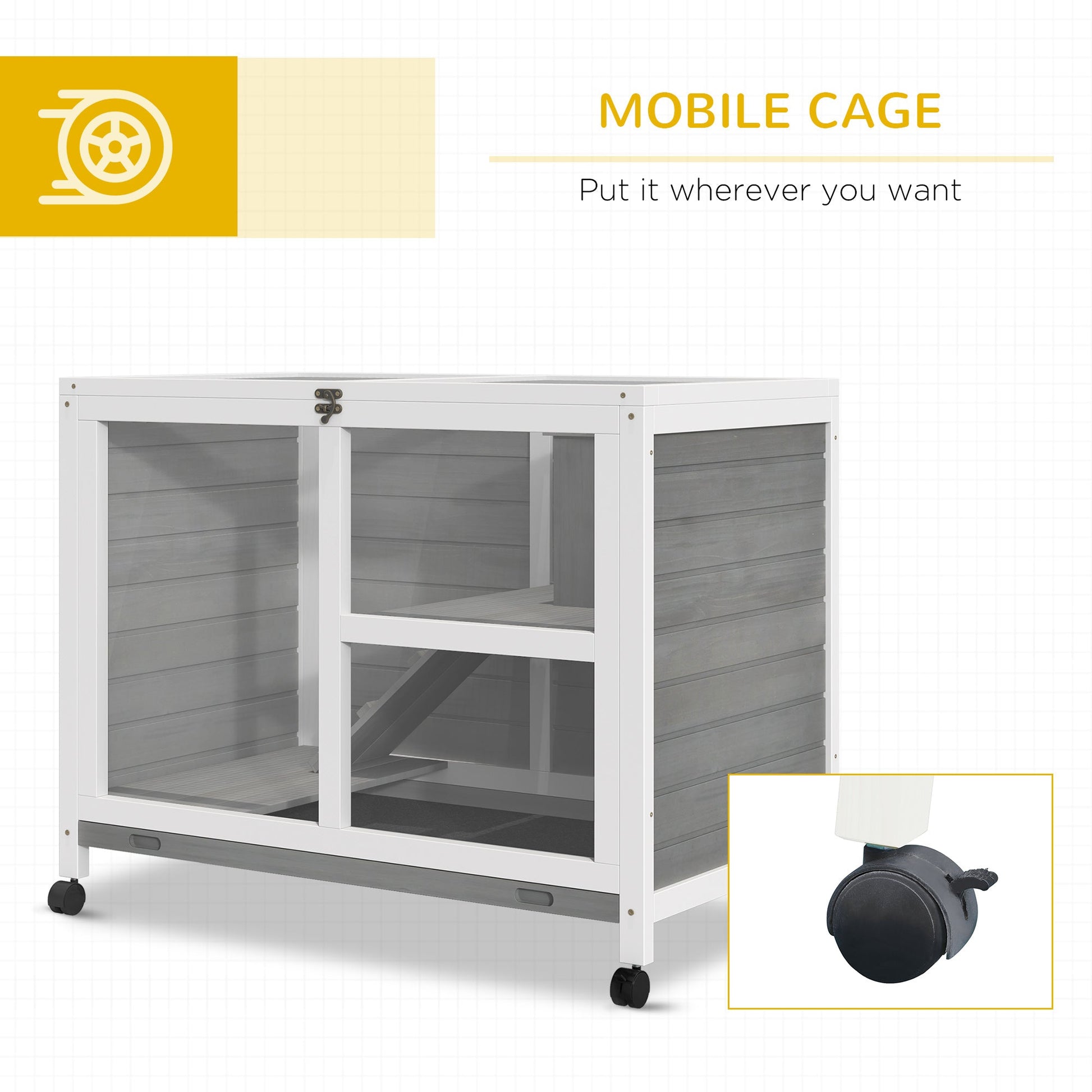 KFX-2390973 Compact 2-Story Rolling Rabbit Hutch with Plexiglass Window and Safe Materials